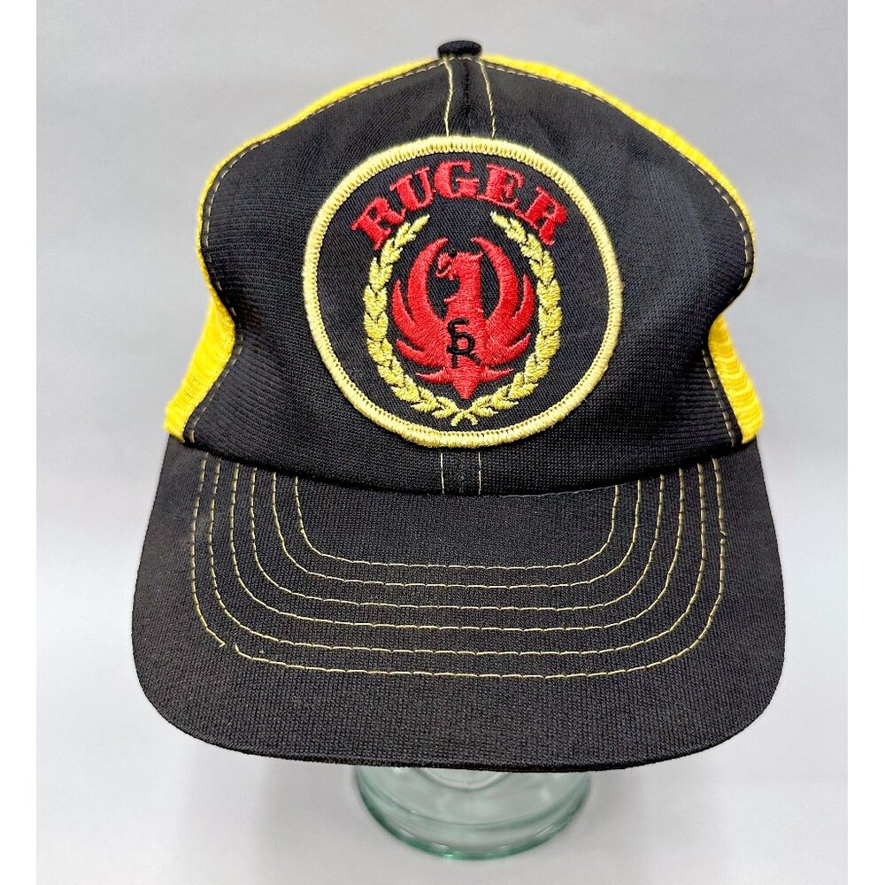 Vintage RUGER Firearms Guns Black Gold Snapback Trucker Hat w Patch 80s NOS